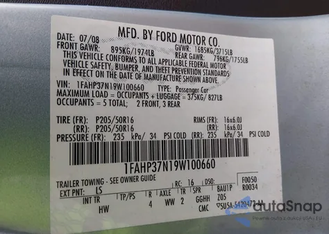 2009 Ford Focus Sel from USA, damaged, VIN 1FAHP37N19W100660